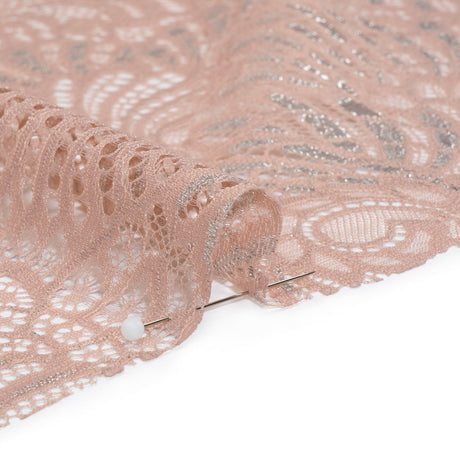 Metallic Raschel Lace Panel with Finished Edges - Blush and Silver Swirling Fans
