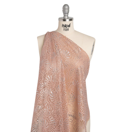Metallic Raschel Lace Panel with Finished Edges - Blush and Silver Swirling Fans