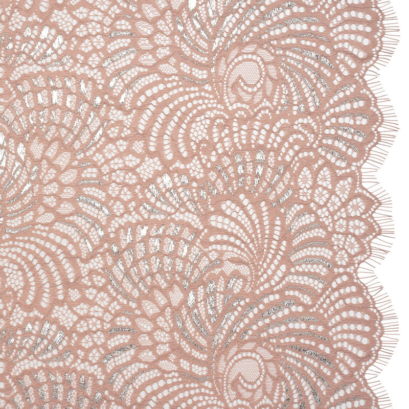 Metallic Raschel Lace Panel with Finished Edges - Blush and Silver Swirling Fans