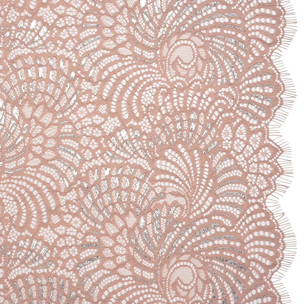 Metallic Raschel Lace Panel with Finished Edges - Blush and Silver Swirling Fans