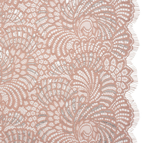Metallic Raschel Lace Panel with Finished Edges - Blush and Silver Swirling Fans