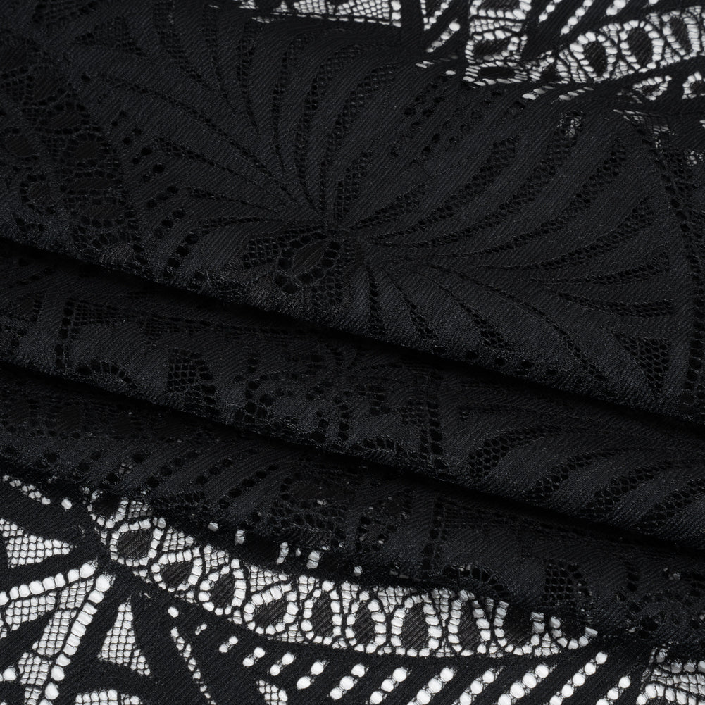 Luminous Raschel Lace Panel with Finished Edges - Black Fancy Floral Scallops