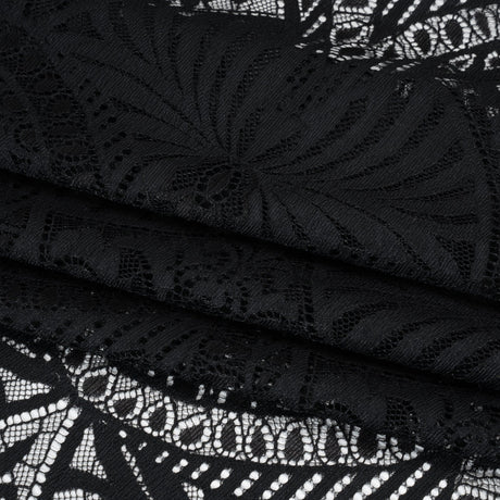 Luminous Raschel Lace Panel with Finished Edges - Black Fancy Floral Scallops
