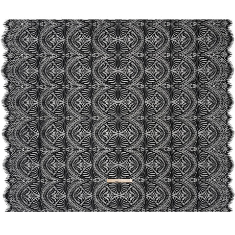 Luminous Raschel Lace Panel with Finished Edges - Black Fancy Floral Scallops