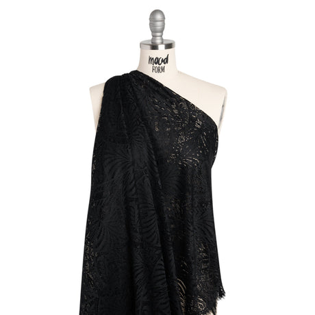 Luminous Raschel Lace Panel with Finished Edges - Black Fancy Floral Scallops