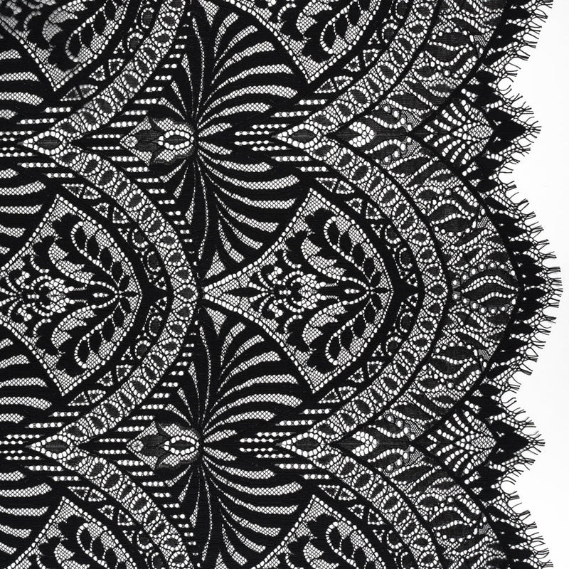 Luminous Raschel Lace Panel with Finished Edges - Black Fancy Floral Scallops
