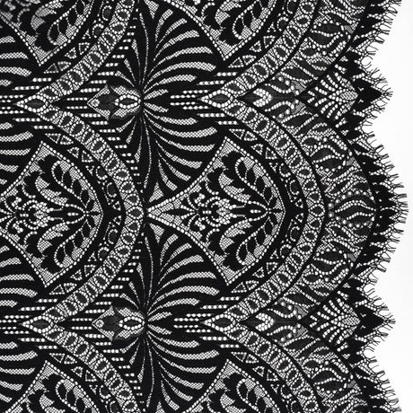 Luminous Raschel Lace Panel with Finished Edges - Black Fancy Floral Scallops