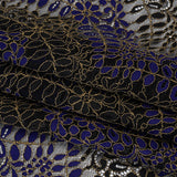 Corded Lace Panel with Finished Edges - Black, Blue and Gold Flowers and Leafy Vines