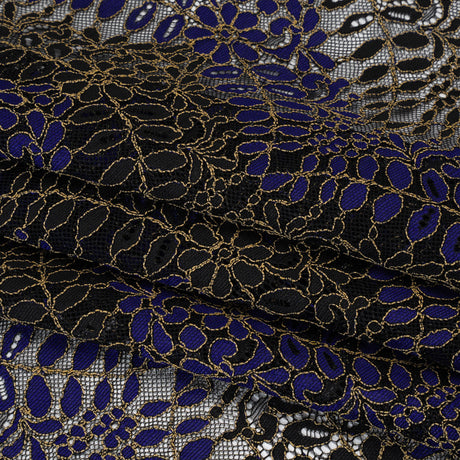 Corded Lace Panel with Finished Edges - Black, Blue and Gold Flowers and Leafy Vines