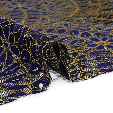 Corded Lace Panel with Finished Edges - Black, Blue and Gold Flowers and Leafy Vines