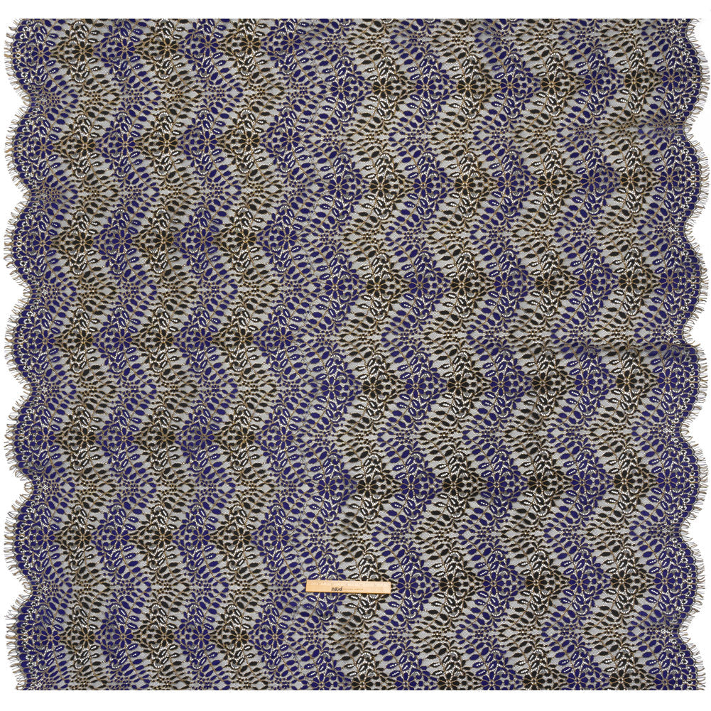 Corded Lace Panel with Finished Edges - Black, Blue and Gold Flowers and Leafy Vines