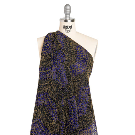Corded Lace Panel with Finished Edges - Black, Blue and Gold Flowers and Leafy Vines