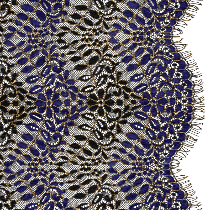 Corded Lace Panel with Finished Edges - Black, Blue and Gold Flowers and Leafy Vines