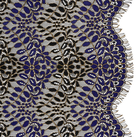 Corded Lace Panel with Finished Edges - Black, Blue and Gold Flowers and Leafy Vines