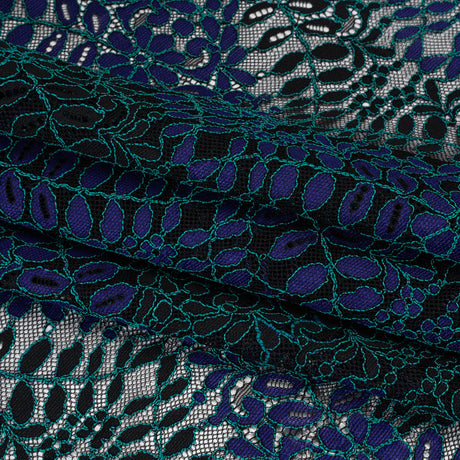 Corded Lace Panel with Finished Edges - Black, Blue and Teal Flowers and Leafy Vines