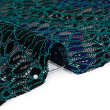 Corded Lace Panel with Finished Edges - Black, Blue and Teal Flowers and Leafy Vines