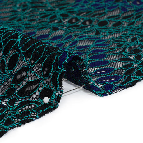 Corded Lace Panel with Finished Edges - Black, Blue and Teal Flowers and Leafy Vines