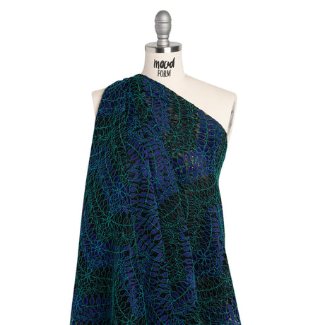 Corded Lace Panel with Finished Edges - Black, Blue and Teal Flowers and Leafy Vines