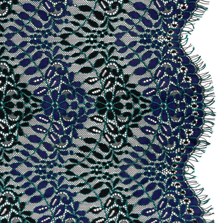 Corded Lace Panel with Finished Edges - Black, Blue and Teal Flowers and Leafy Vines