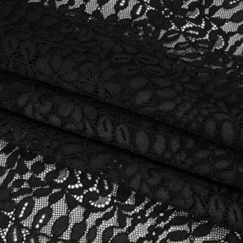 Corded Lace Panel with Finished Edges - Black Flowers and Leafy Vines