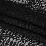 Corded Lace Panel with Finished Edges - Black Flowers and Leafy Vines