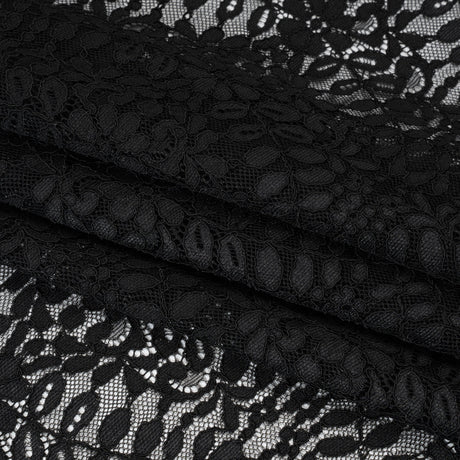 Corded Lace Panel with Finished Edges - Black Flowers and Leafy Vines