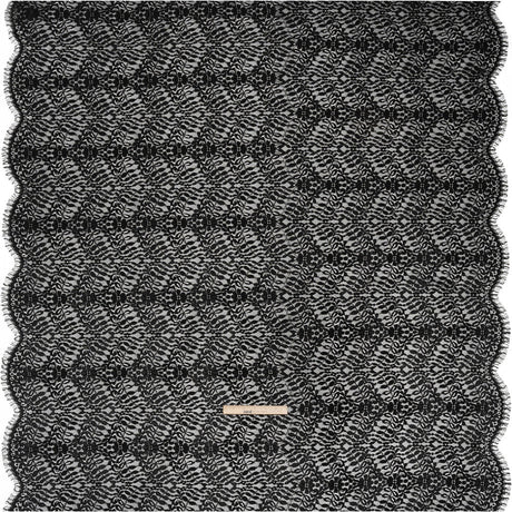 Corded Lace Panel with Finished Edges - Black Flowers and Leafy Vines