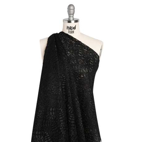 Corded Lace Panel with Finished Edges - Black Flowers and Leafy Vines