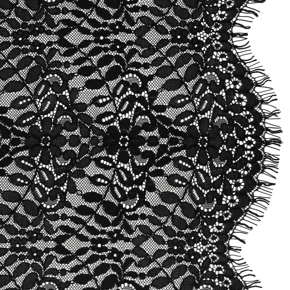 Corded Lace Panel with Finished Edges - Black Flowers and Leafy Vines