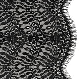 Corded Lace Panel with Finished Edges - Black Flowers and Leafy Vines
