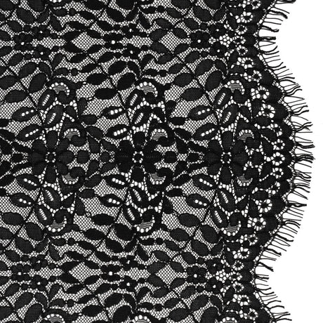 Corded Lace Panel with Finished Edges - Black Flowers and Leafy Vines