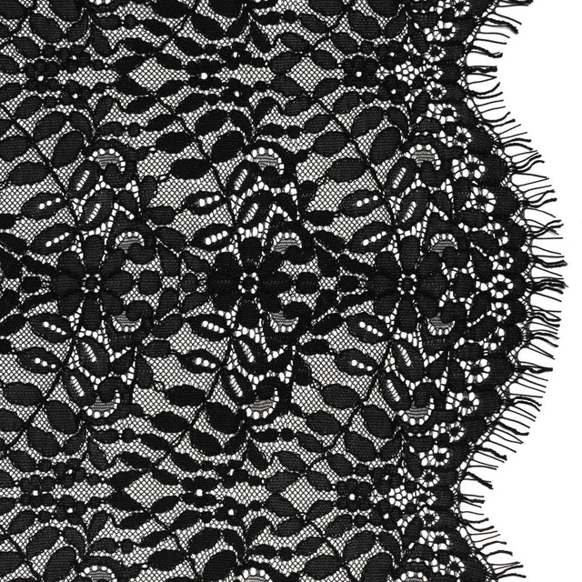 Corded Lace Panel with Finished Edges - Black Flowers and Leafy Vines