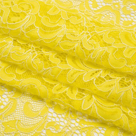 Corded Lace with Scalloped Finished Edges - Yellow and Ivory Leafy Vines and Flowers