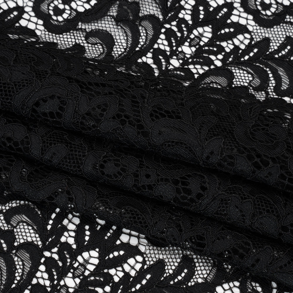 Corded Lace with Scalloped Finished Edges - Black Leafy Vines and Flowers