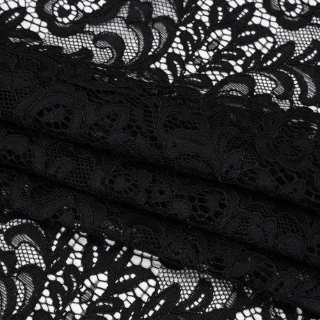 Corded Lace with Scalloped Finished Edges - Black Leafy Vines and Flowers