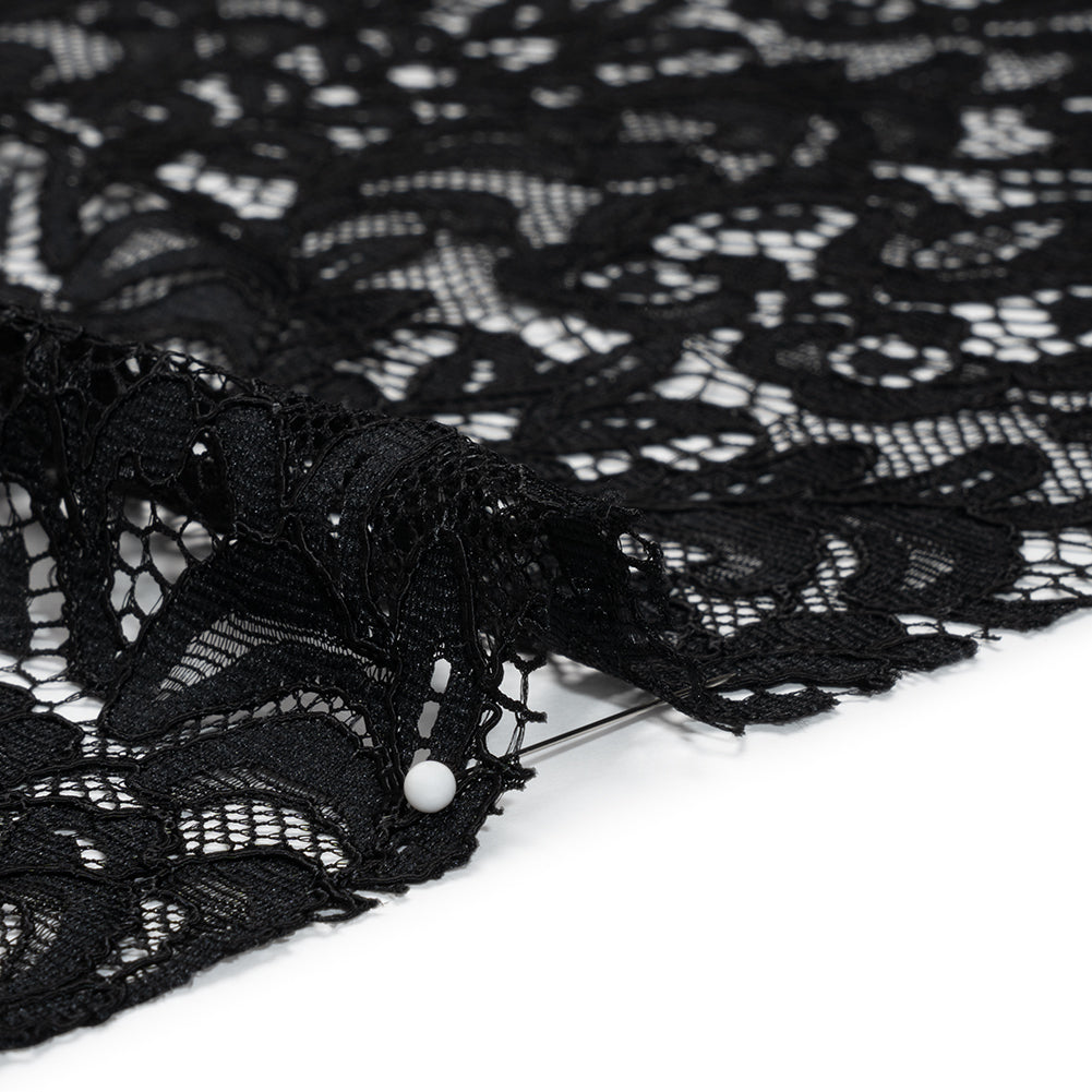 Corded Lace with Scalloped Finished Edges - Black Leafy Vines and Flowers