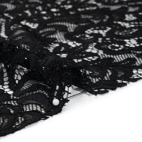 Corded Lace with Scalloped Finished Edges - Black Leafy Vines and Flowers
