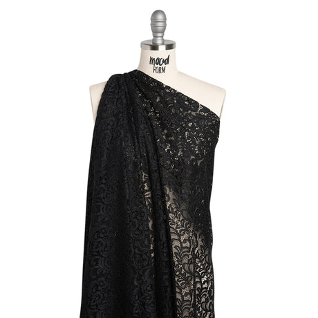 Corded Lace with Scalloped Finished Edges - Black Leafy Vines and Flowers