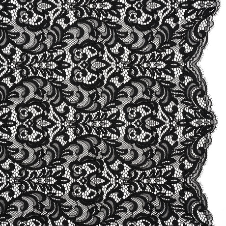 Corded Lace with Scalloped Finished Edges - Black Leafy Vines and Flowers