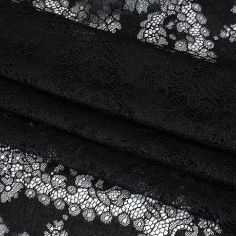 Raschel Lace Panel with Finished Edges - Black Ornate Leafy Chevrons