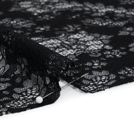 Raschel Lace Panel with Finished Edges - Black Ornate Leafy Chevrons