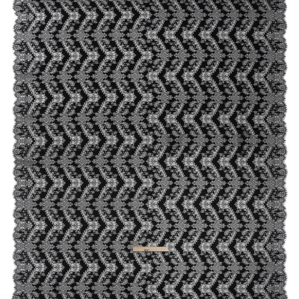 Raschel Lace Panel with Finished Edges - Black Ornate Leafy Chevrons
