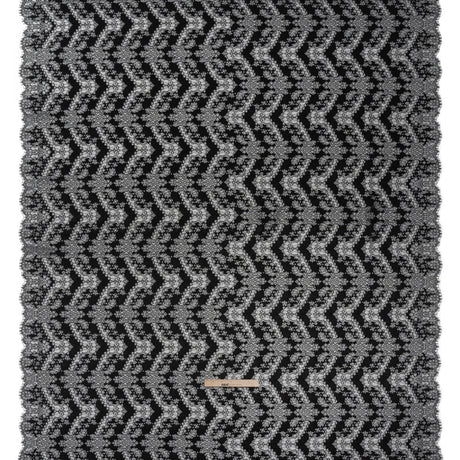 Raschel Lace Panel with Finished Edges - Black Ornate Leafy Chevrons