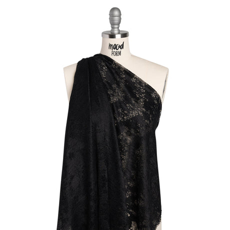 Raschel Lace Panel with Finished Edges - Black Ornate Leafy Chevrons