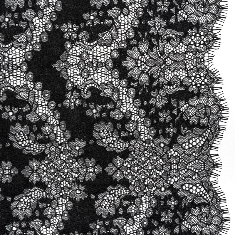 Raschel Lace Panel with Finished Edges - Black Ornate Leafy Chevrons