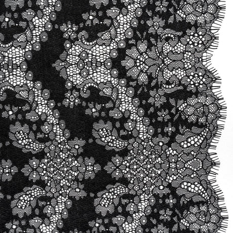 Raschel Lace Panel with Finished Edges - Black Ornate Leafy Chevrons