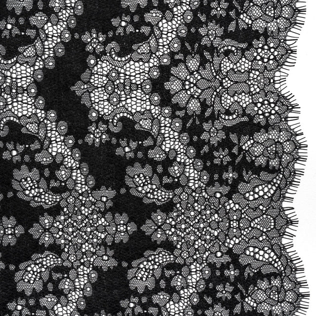 Raschel Lace Panel with Finished Edges - Black Ornate Leafy Chevrons