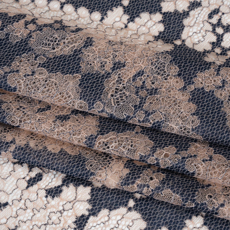 Raschel Lace Panel with Finished Edges - Shell Pink and Navy Ornate Leafy Chevrons
