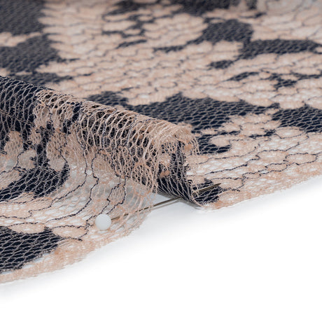 Raschel Lace Panel with Finished Edges - Shell Pink and Navy Ornate Leafy Chevrons