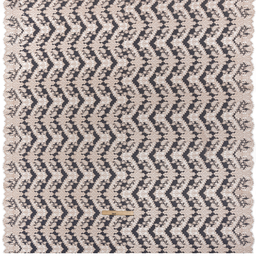Raschel Lace Panel with Finished Edges - Shell Pink and Navy Ornate Leafy Chevrons